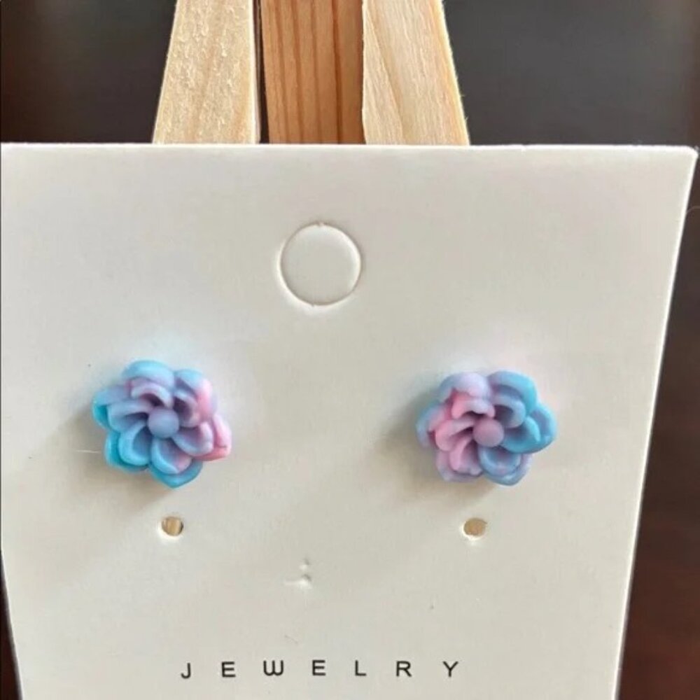 Pastel Blue and Pink Floral Homemade Stud Earrings